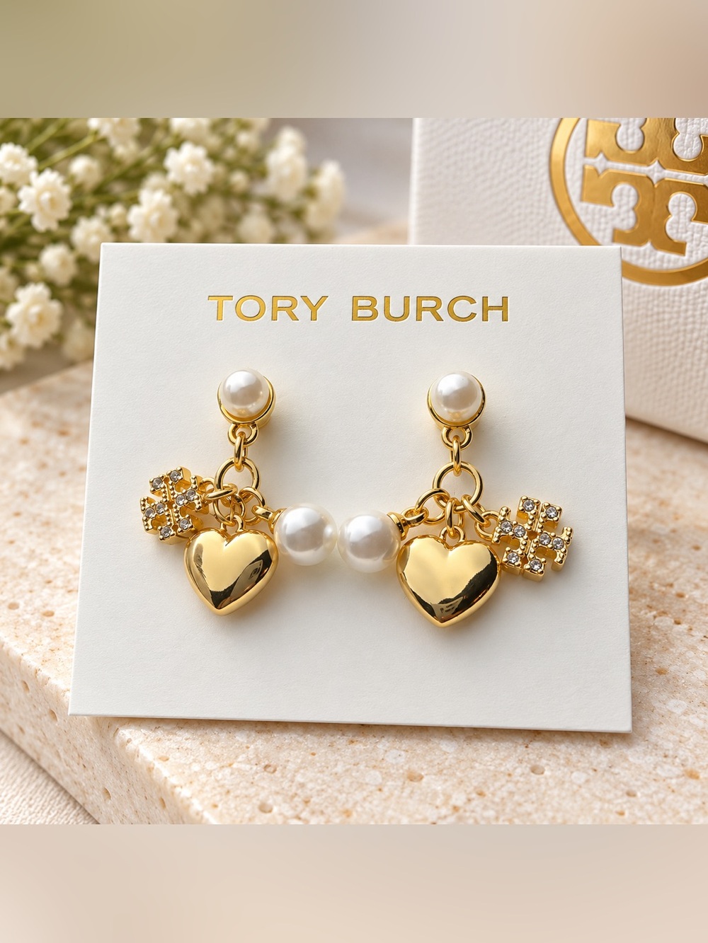 Tory Burch Gold Heart and Pearl Drop Earrings